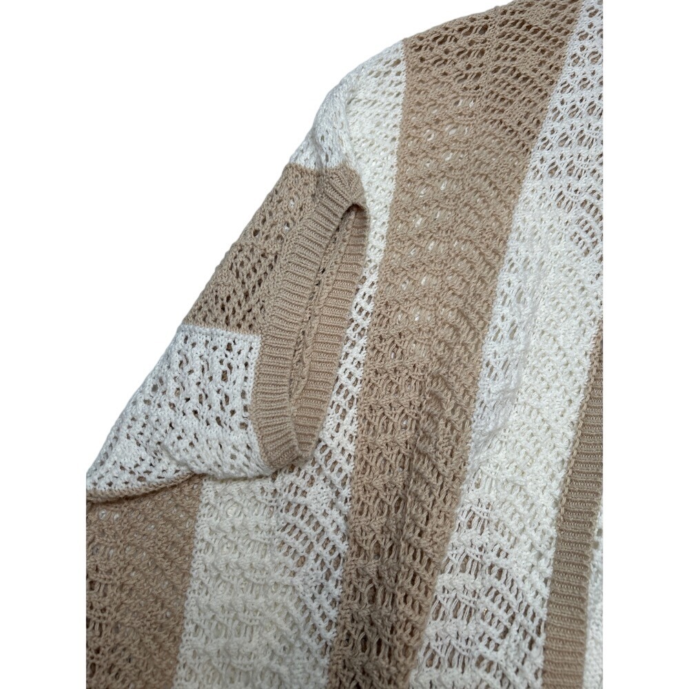 Boho Tan White Open Knit Chevron Sweater Women's Size Small Crochet Cottagecore - Picture 5 of 7